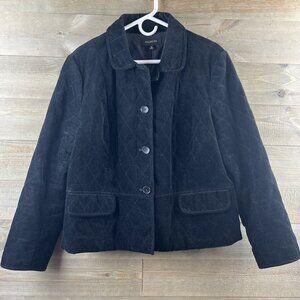 Talbots Womens Jacket Quilted Velour Button Up Faux Pockets Black Elegant 16